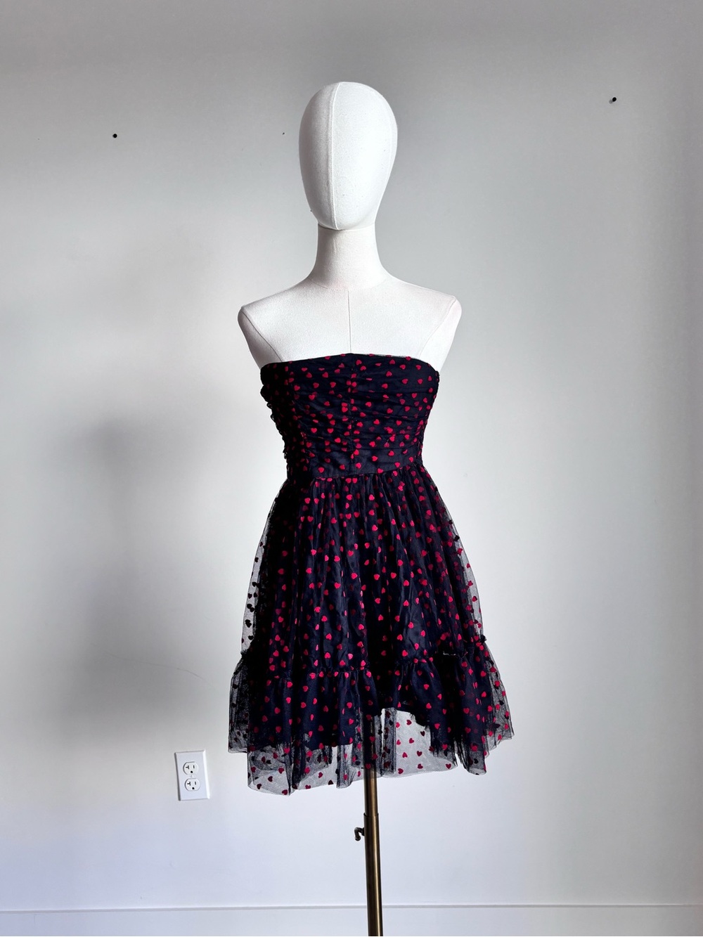 wet seal black red heart print strapless tulle mini dress size medium